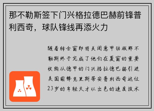 那不勒斯签下门兴格拉德巴赫前锋普利西奇，球队锋线再添火力